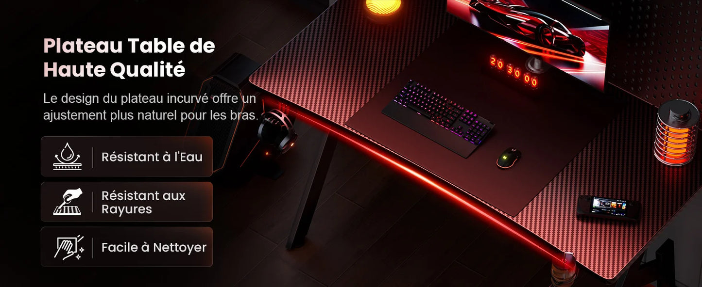 HLFURNIEU 120 x 60 cm Bureau Gaming, Bureau Gamer Informatique Ergonomique, Table Gaming en Fibre de Carbone, Gamer Desk avec Po