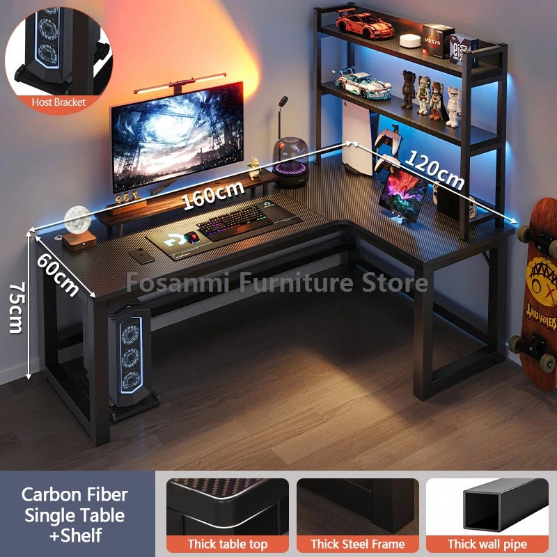 L-shaped gaming desk with shelves, monitor, and gaming setup, perfect for home office and gaming performance.