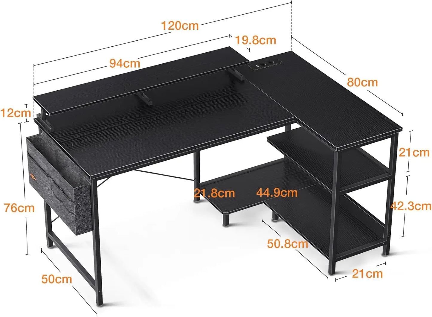 Black gaming desk with dimensions: 120cm x 80cm x 76cm, featuring shelves and drawer for organization.
