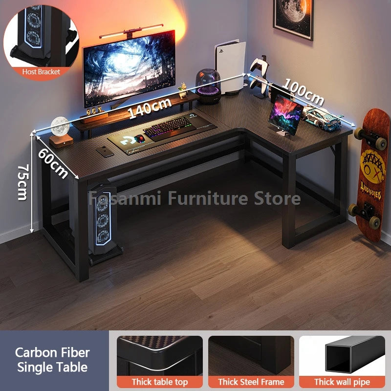 L-shaped gaming desk with shelves, monitor, and gaming setup, perfect for home office and gaming performance.