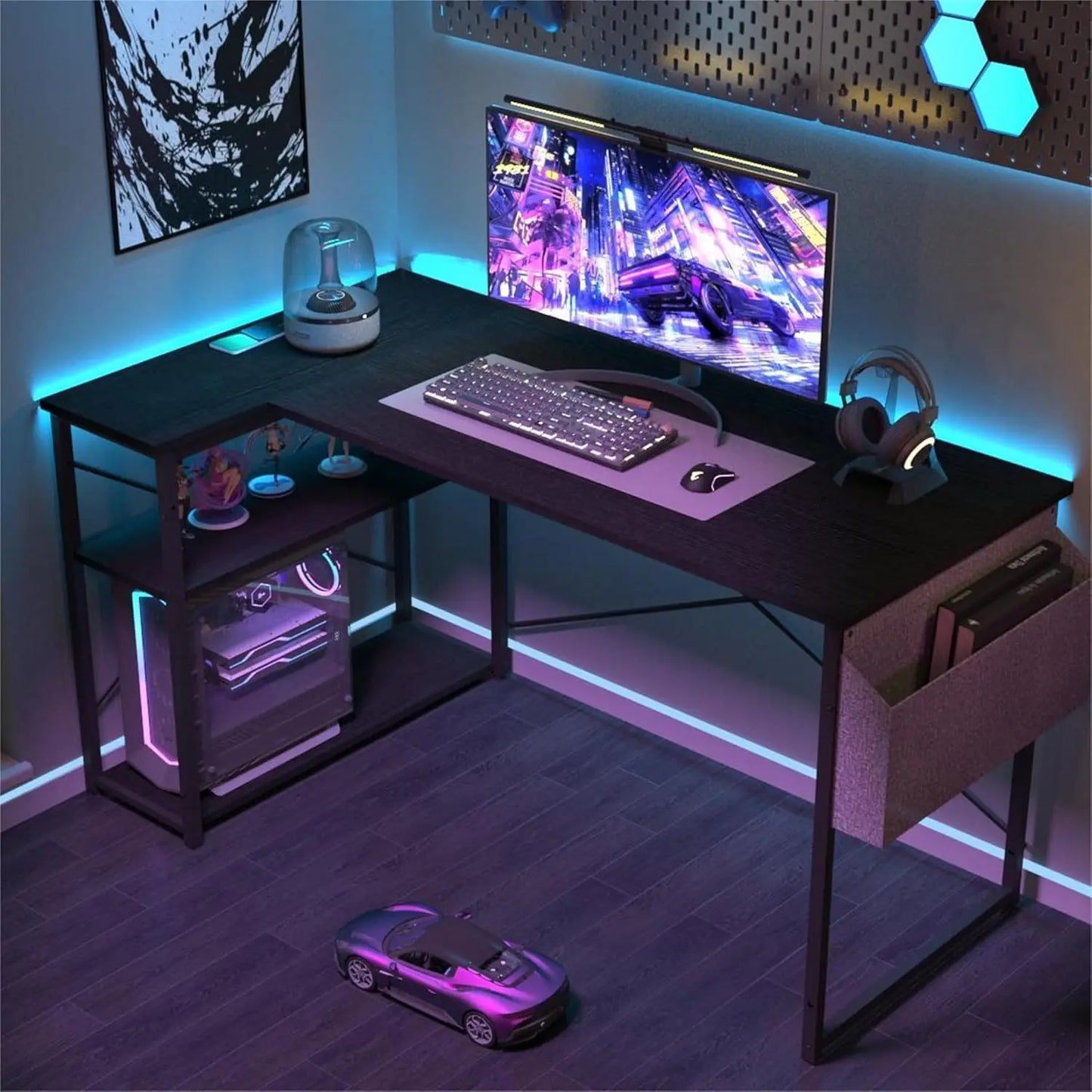 BEXEVUE Bureau Gaming d'angle, 100x70 cm Petit Table Forme L Bureau Etagères Rangements, Angle Réversible Gaming Bureau Informat