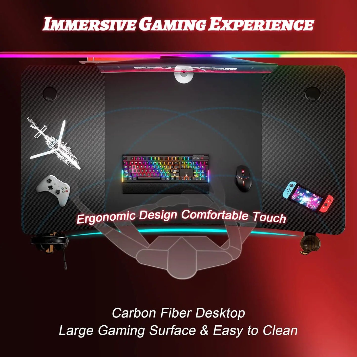 HLFURNIEU 120 x 60 cm Bureau Gaming, Bureau Gamer Informatique Ergonomique, Table Gaming en Fibre de Carbone, Gamer Desk avec Po