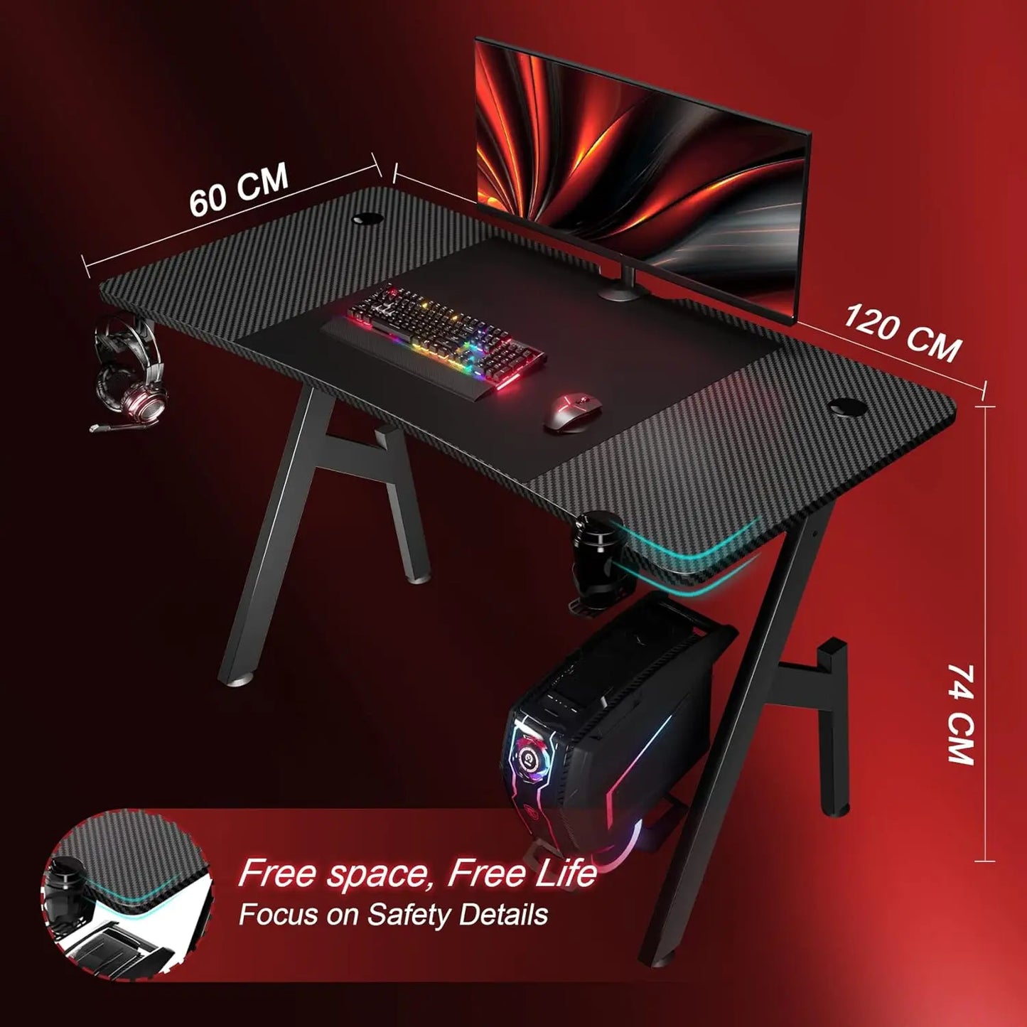 HLFURNIEU 120 x 60 cm Bureau Gaming, Bureau Gamer Informatique Ergonomique, Table Gaming en Fibre de Carbone, Gamer Desk avec Po