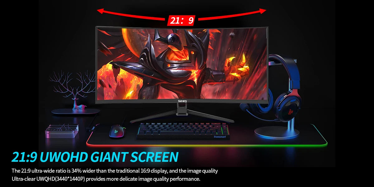 Suevery 34-Inch 4K(3440*1440) 144Hz Curved Gaming Monitor Curved 1500R with FreeSync,HDR10, 1ms,Eye Care