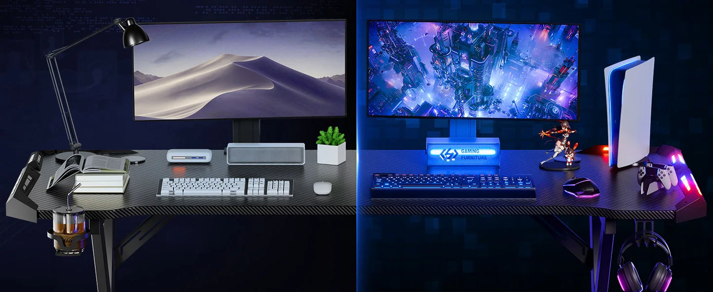 HLONONE LED Gaming Desk 100 x 60 cm, Ergonomic Gamer Desk with Cup Holder and Headphone Hook, Computer Desks