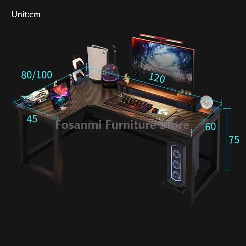 L-shaped gaming desk with shelves, monitor, and gaming setup, perfect for home office and gaming performance.