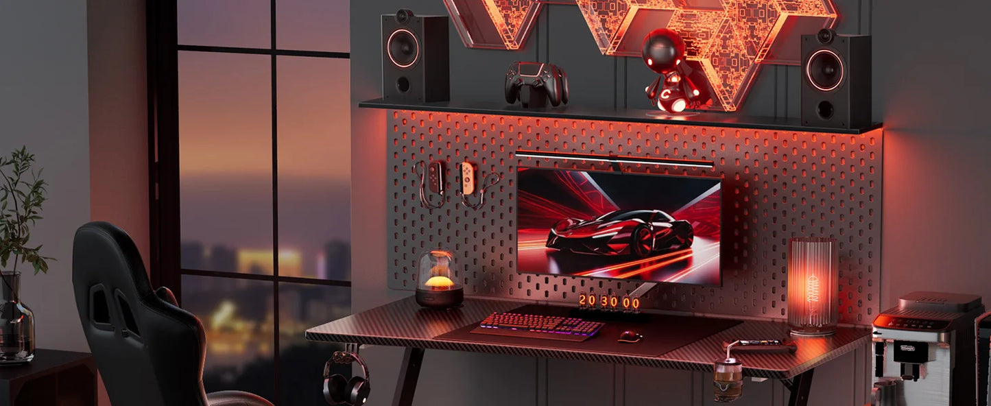 HLFURNIEU 120 x 60 cm Bureau Gaming, Bureau Gamer Informatique Ergonomique, Table Gaming en Fibre de Carbone, Gamer Desk avec Po