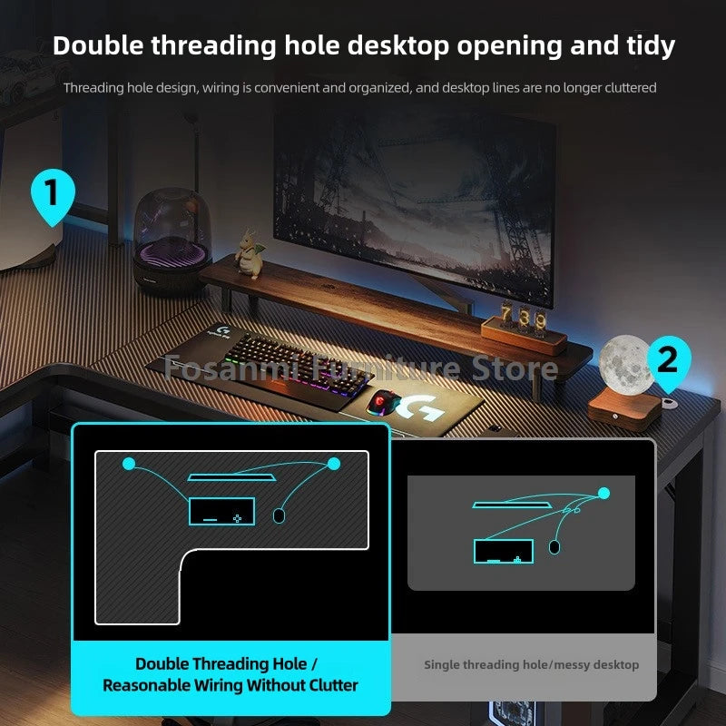 L-shaped gaming desk showing double threading holes for organized wiring and a tidy workspace.