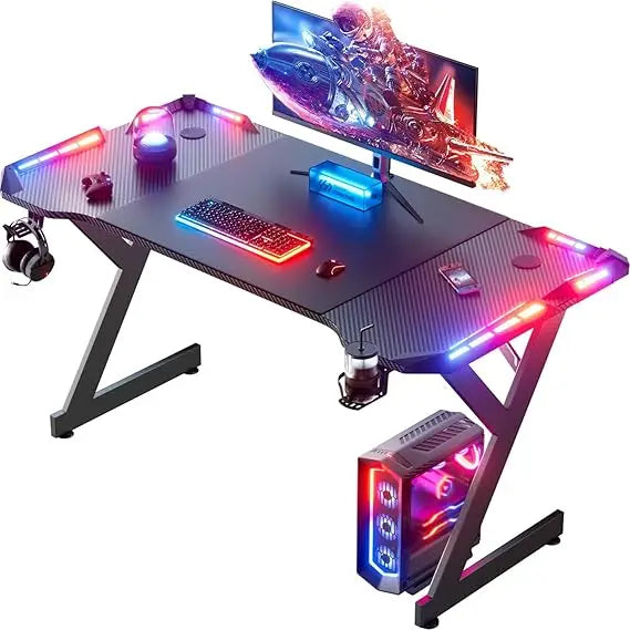 47 Inch Gaming Desk with LED Lights, Ergonomic Computer Gaming Table with Carbon Fibre Surface, Sturdy PC Workstation Desk for