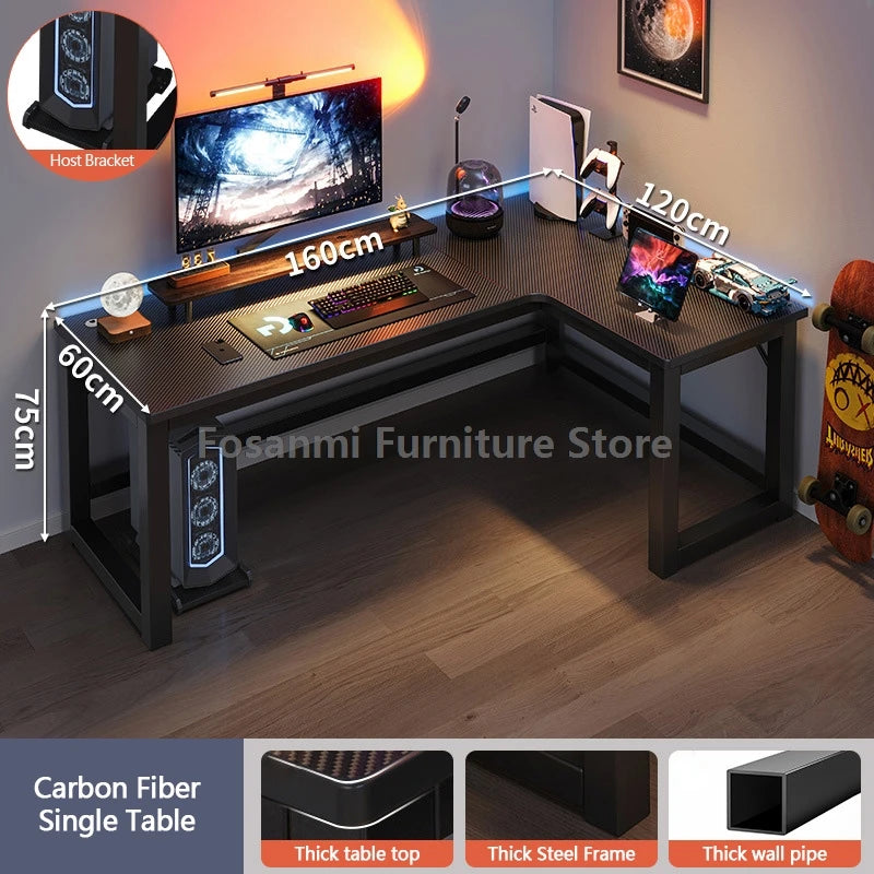 L-shaped gaming desk with shelves, monitor, and gaming setup, perfect for home office and gaming performance.