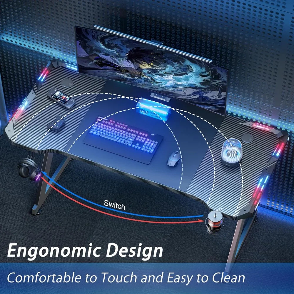47 Inch Gaming Desk with LED Lights, Ergonomic Computer Gaming Table with Carbon Fibre Surface, Sturdy PC Workstation Desk for