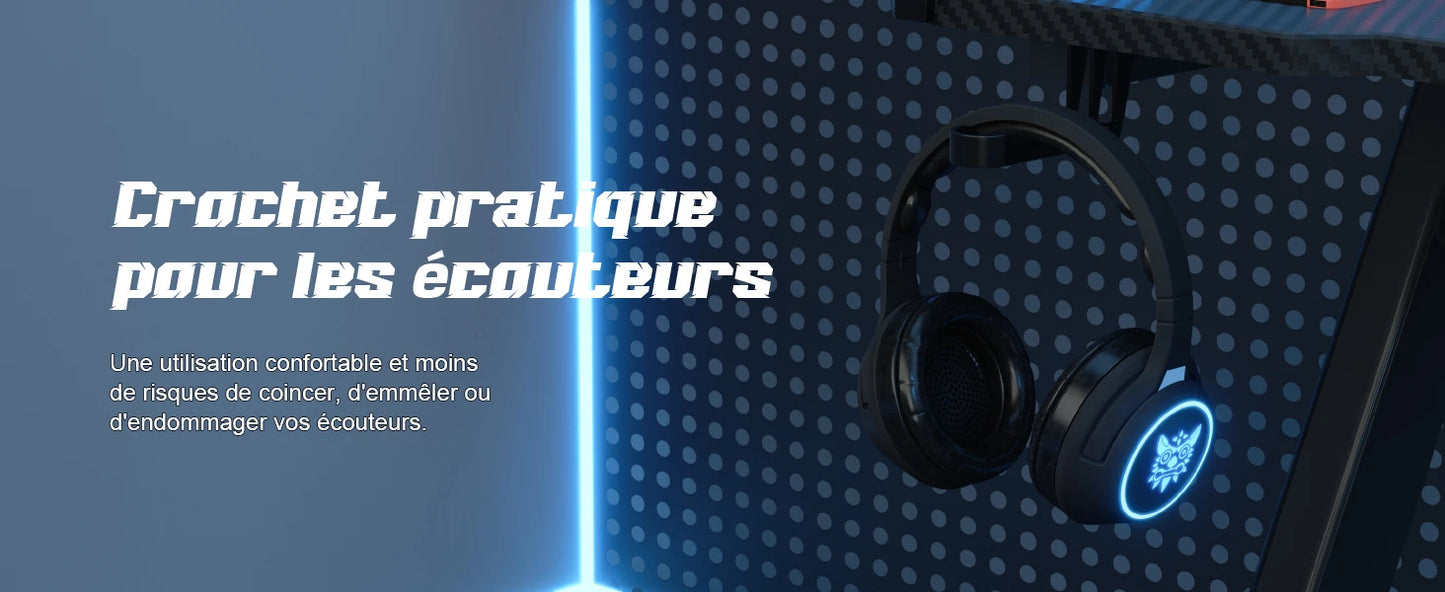 Devoko Bureau Gaming LED 120×60cm, Bureau Gamer avec Lumière RGB, Porte-gobelet et Crochet pour Casque, Table Informatique Ergon