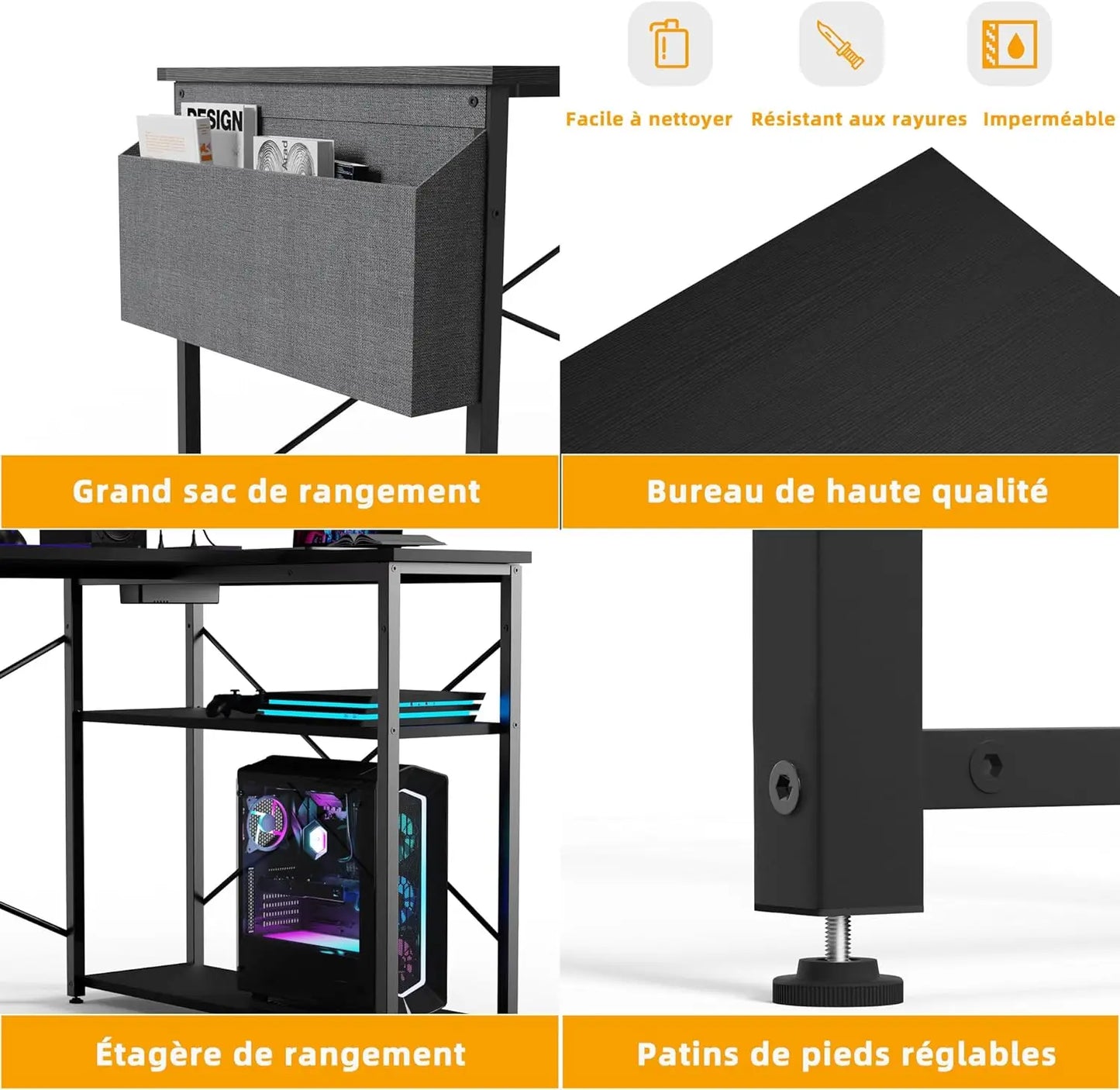 BEXEVUE Bureau Gaming d'angle, 100x70 cm Petit Table Forme L Bureau Etagères Rangements, Angle Réversible Gaming Bureau Informat