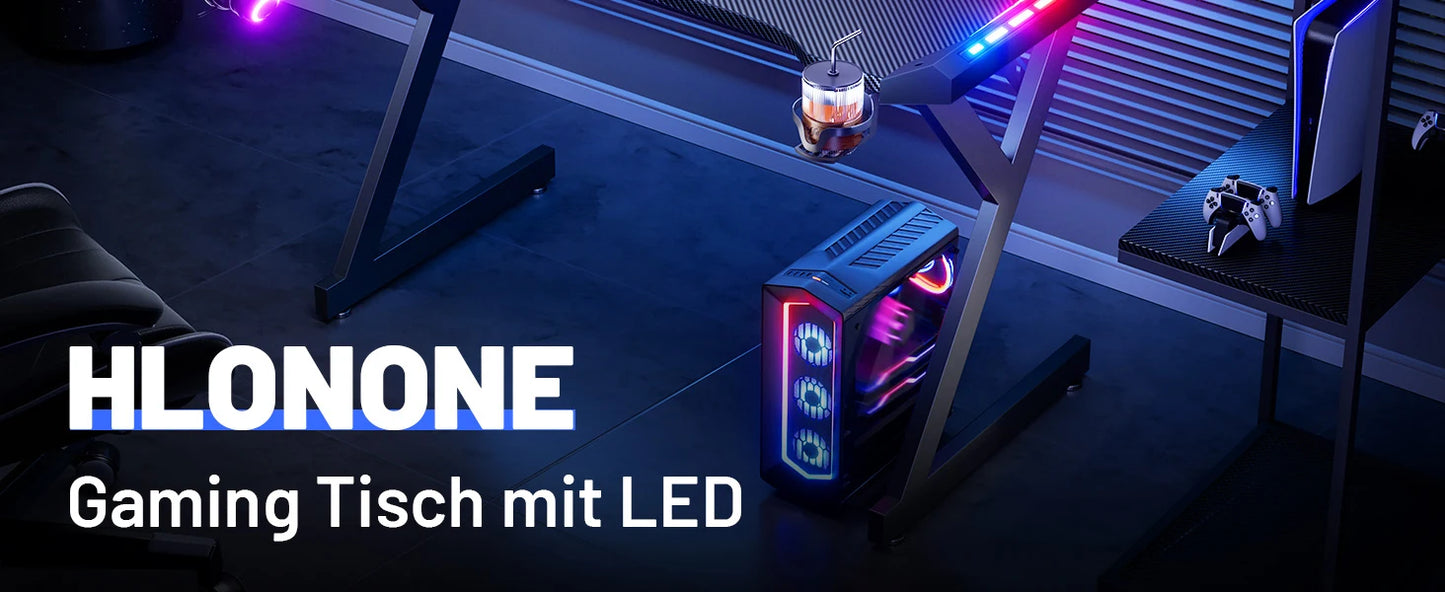 HLONONE LED Gaming Desk 100 x 60 cm, Ergonomic Gamer Desk with Cup Holder and Headphone Hook, Computer Desks