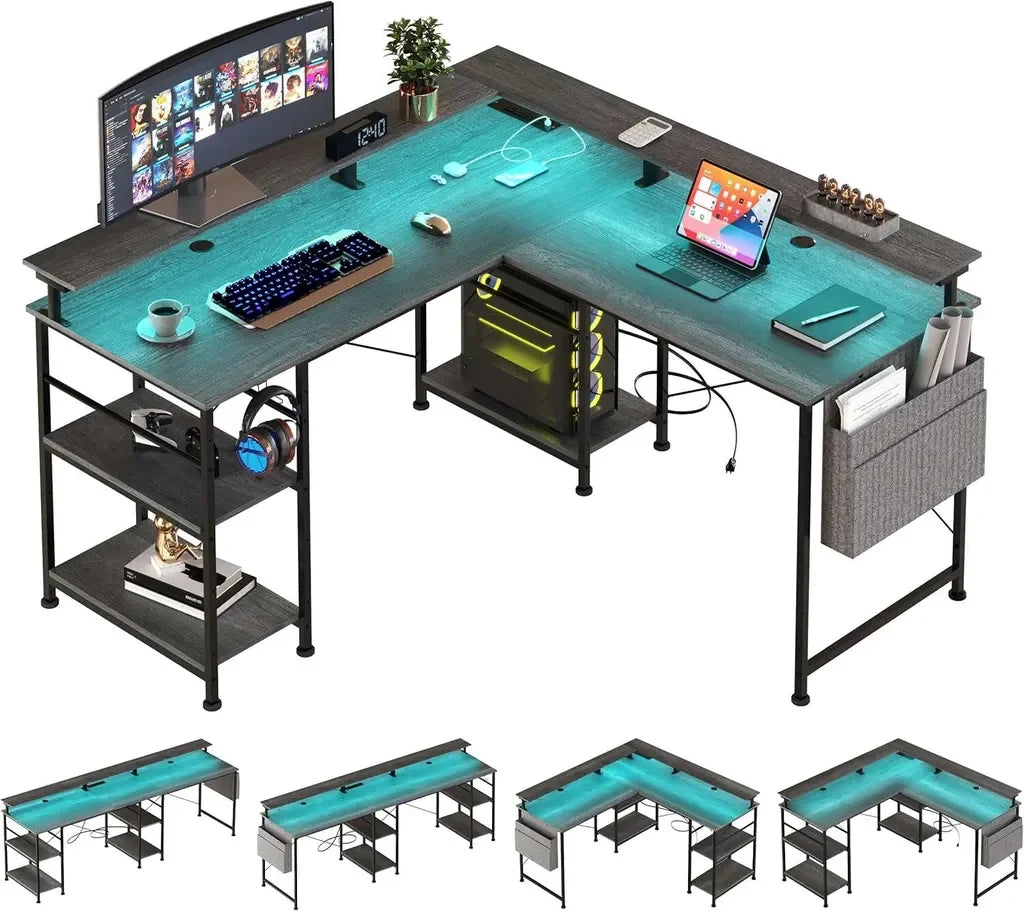 L Shape Gaming table with RGB Lighting and Monitor Stand, L-shaped Computer table with sockets and USB, 140*140*85