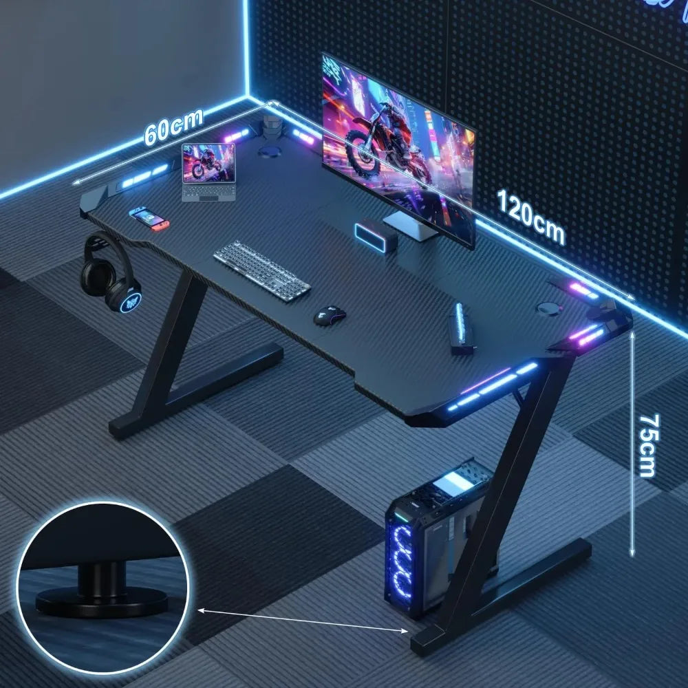 Devoko LED Gaming Desk 120×60cm, Gamer Desk with RGB Light, Cup Holder and Headphone Hook, Ergon Computer Table