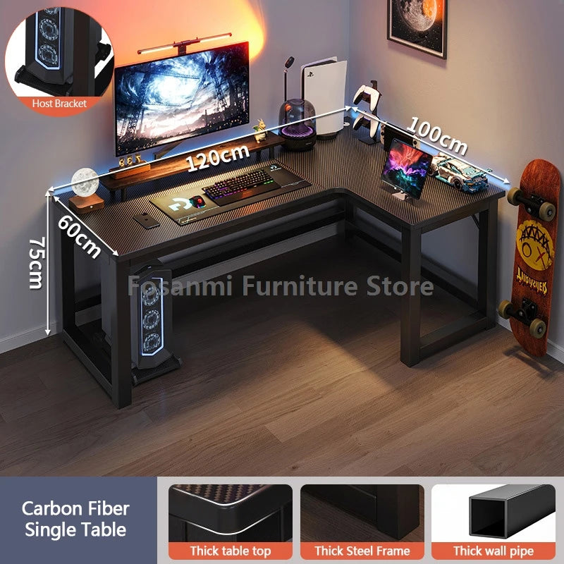 L-shaped gaming desk with shelves, monitor, and gaming setup, perfect for home office and gaming performance.