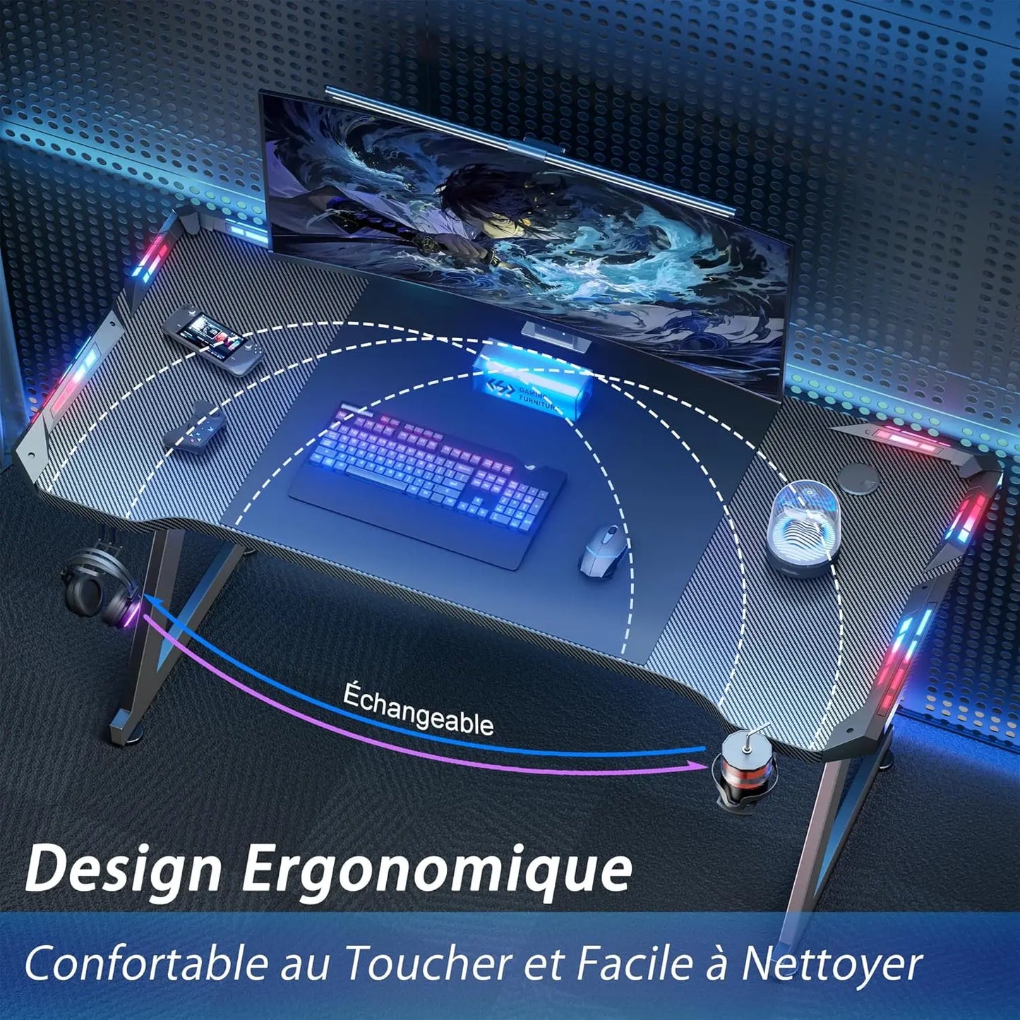HLONONE LED Gaming Desk 100 x 60 cm, Ergonomic Gamer Desk with Cup Holder and Headphone Hook, Computer Desks