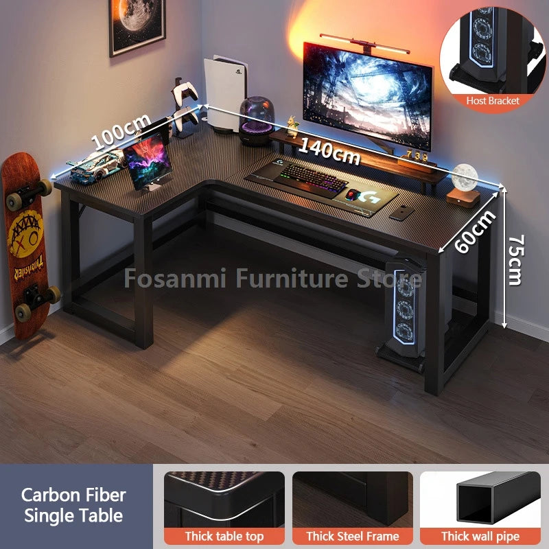 L-shaped gaming desk with shelves, monitor, and gaming setup, perfect for home office and gaming performance.