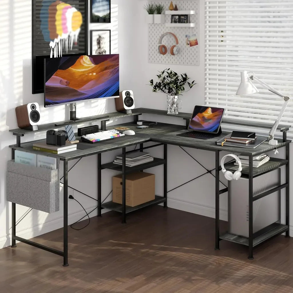 L Shape Gaming table with RGB Lighting and Monitor Stand, L-shaped Computer table with sockets and USB, 140*140*85