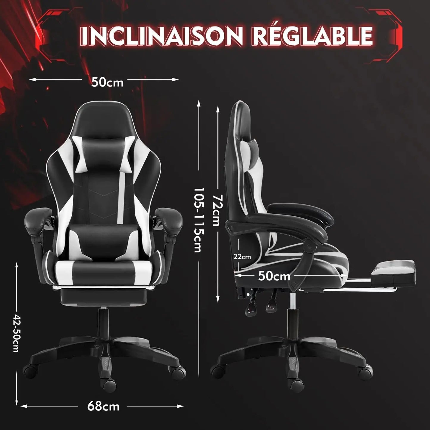 Frixovel Gaming Chair, Adjustable Office Chair, Gaming Chair with Telescopic Footrest (Black and White)