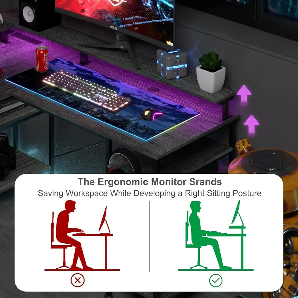L Shape Gaming table with RGB Lighting and Monitor Stand, L-shaped Computer table with sockets and USB, 140*140*85