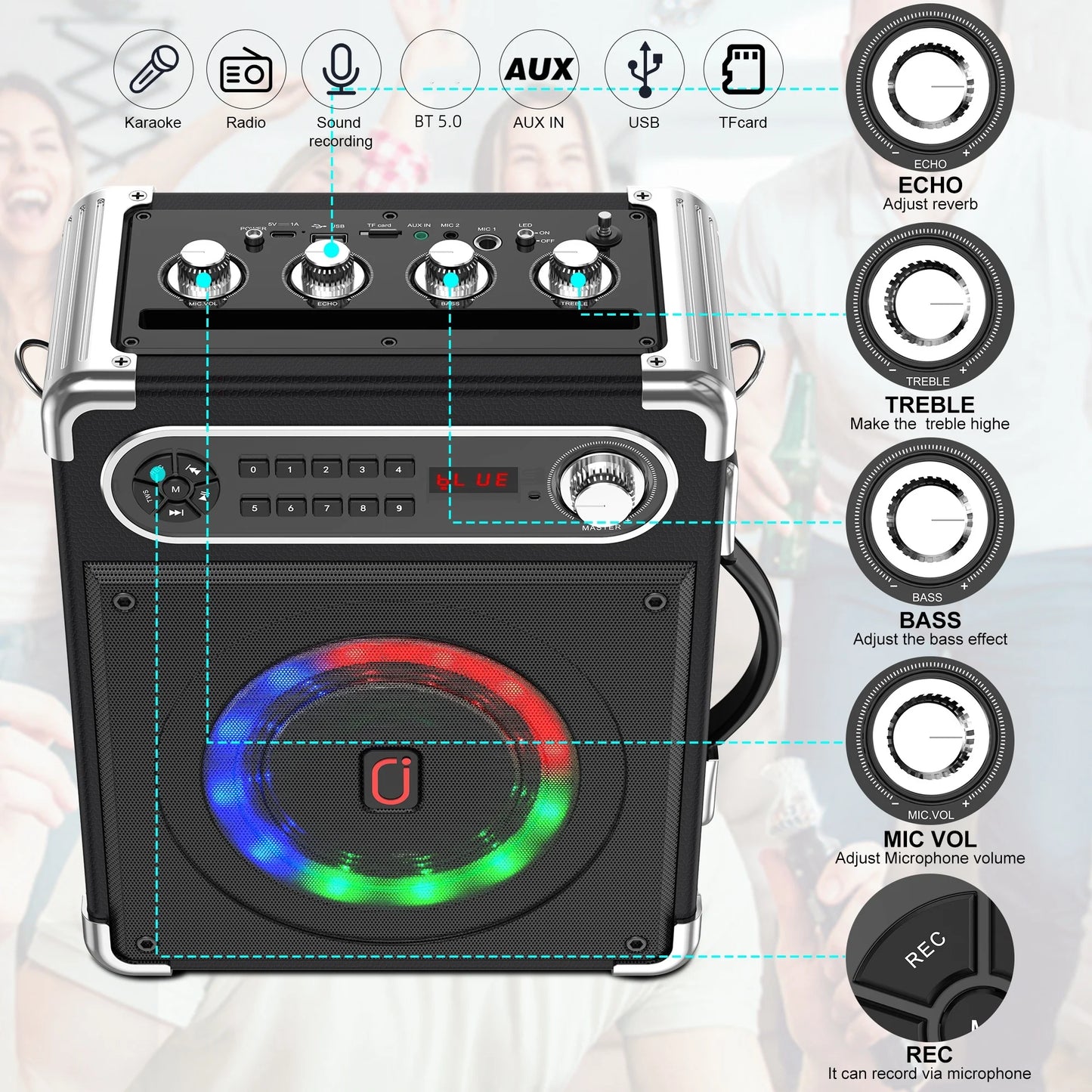 Bluetooth Karaoke Machine, Home Karaoke System, Wireless Speaker with FM Radio, 2 Karaoke Microphone, Remote Control