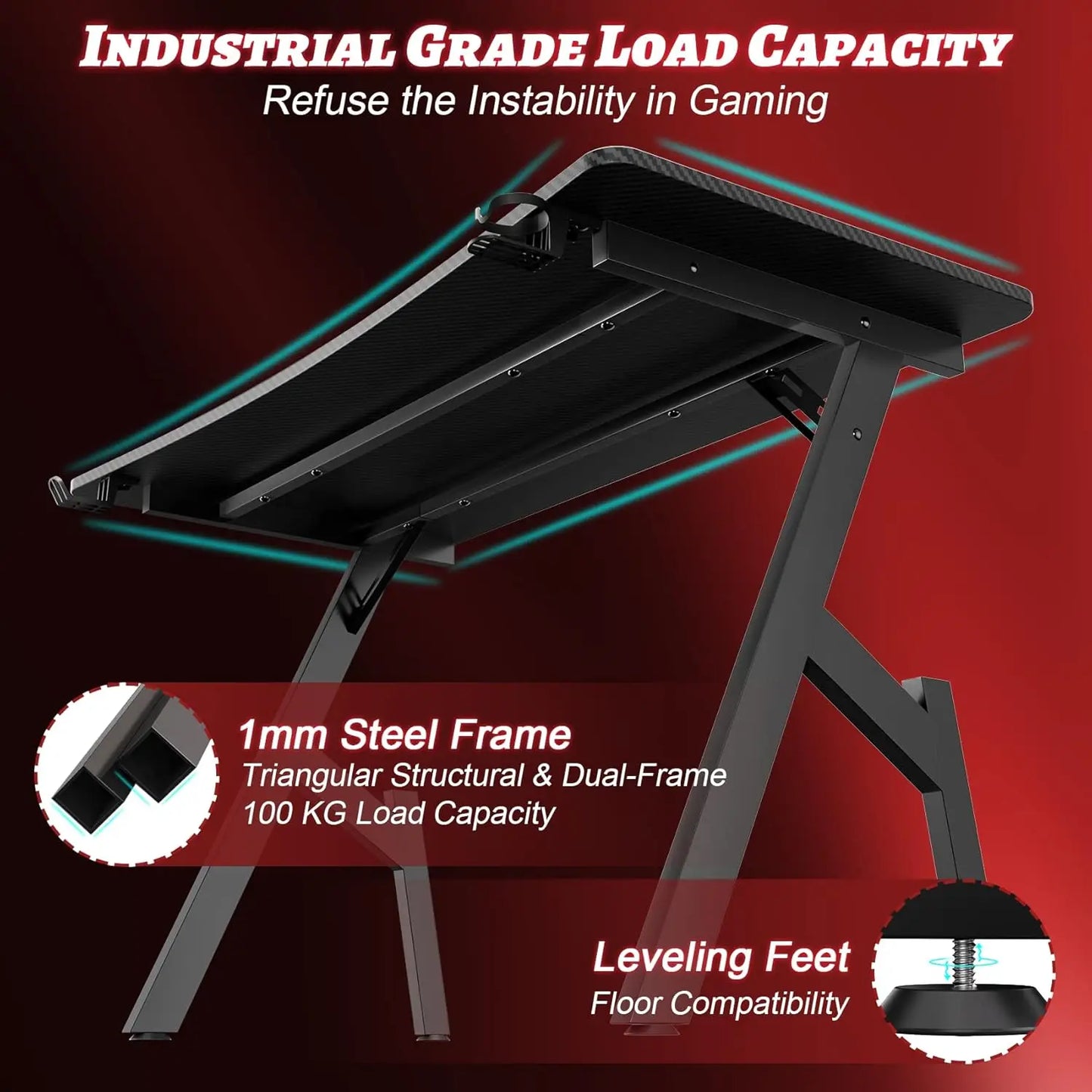 HLFURNIEU 120 x 60 cm Bureau Gaming, Bureau Gamer Informatique Ergonomique, Table Gaming en Fibre de Carbone, Gamer Desk avec Po
