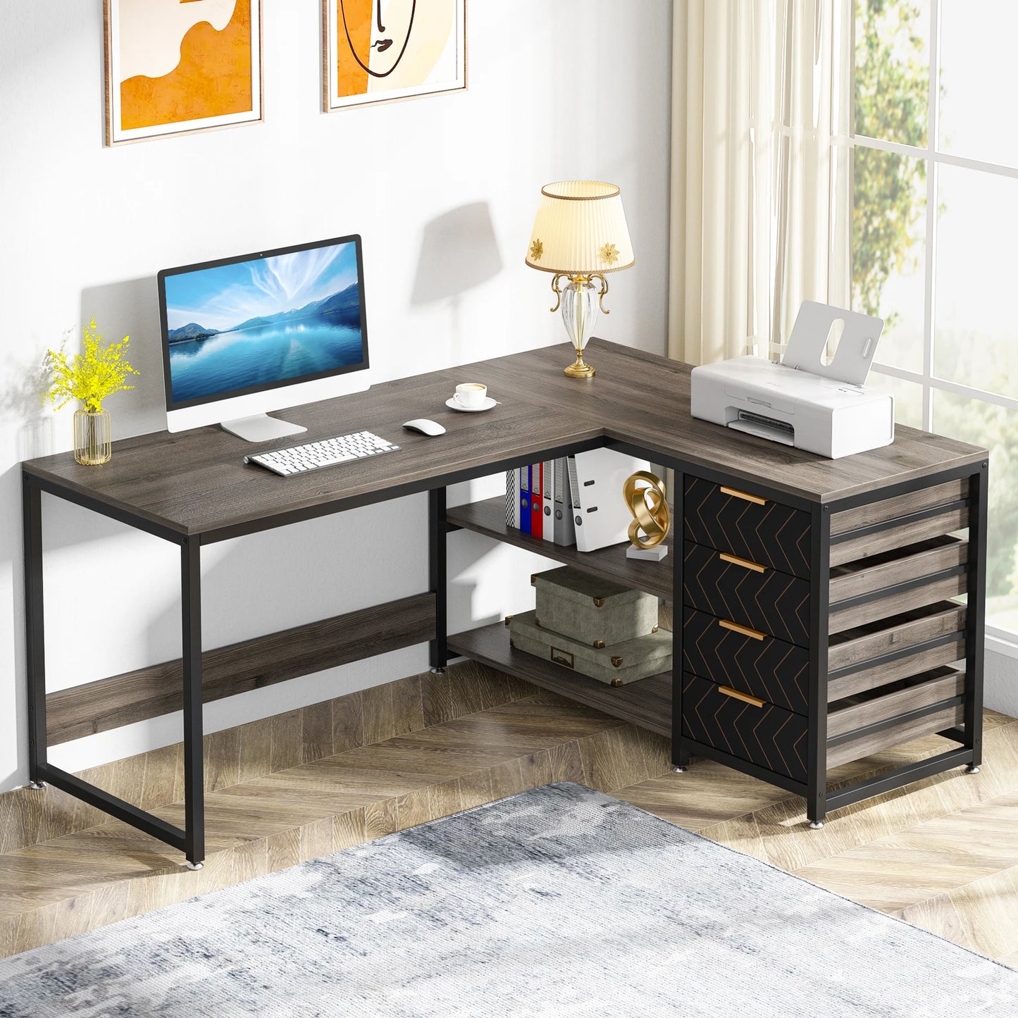 Tribesigns Bureau Gamer en L avec Tiroirs et Étagères – Grand Bureau d’Angle Réversible 150 cm pour Bureau à Domicile, Informatique et Gaming