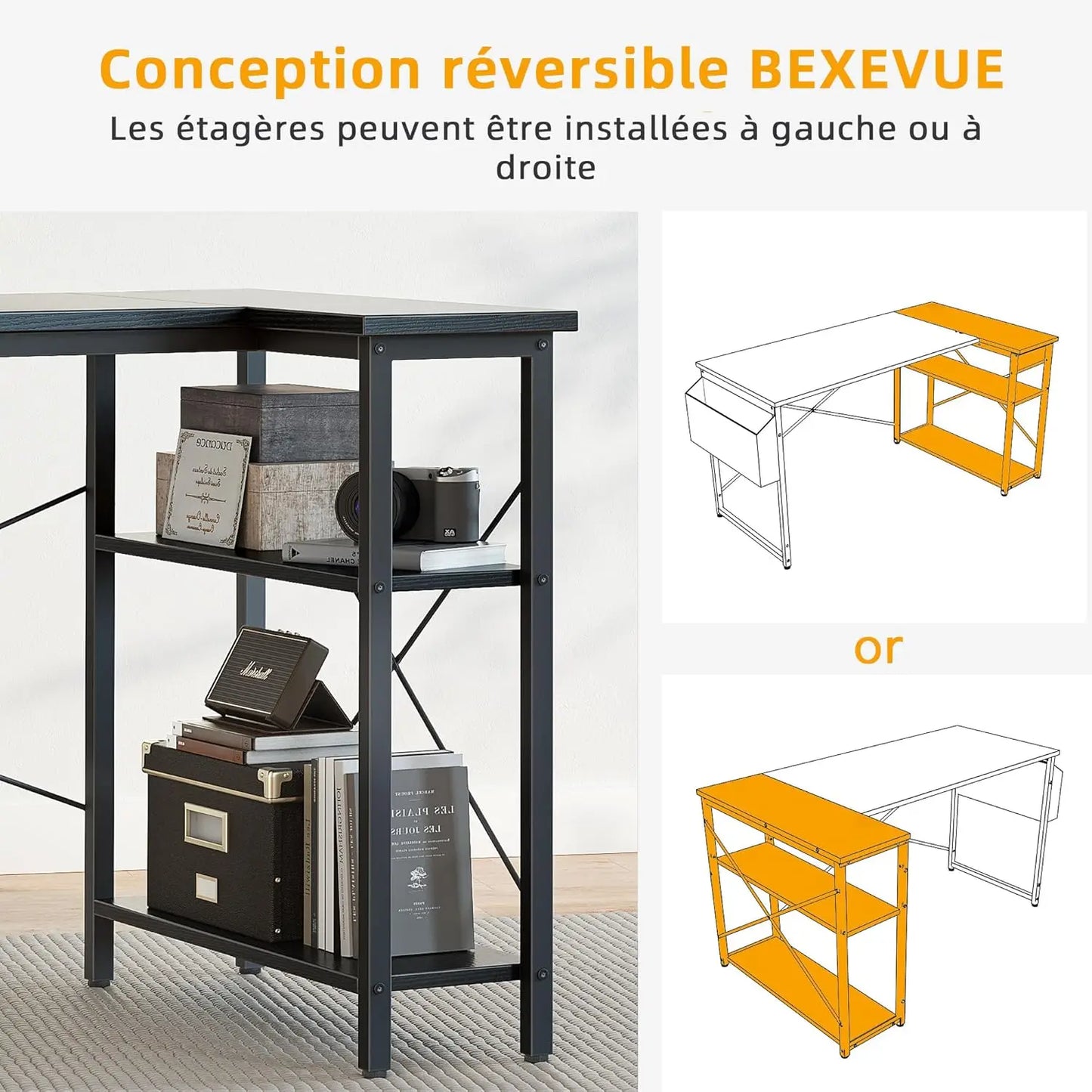 BEXEVUE Bureau Gaming d'angle, 100x70 cm Petit Table Forme L Bureau Etagères Rangements, Angle Réversible Gaming Bureau Informat