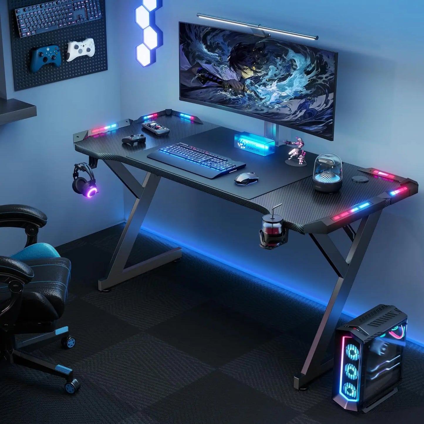 HLONONE LED Gaming Desk 100 x 60 cm, Ergonomic Gamer Desk with Cup Holder and Headphone Hook, Computer Desks