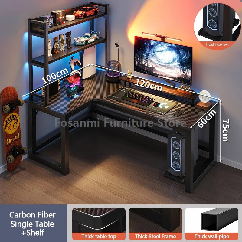 L-shaped gaming desk with shelves, monitor, and gaming setup, perfect for home office and gaming performance.