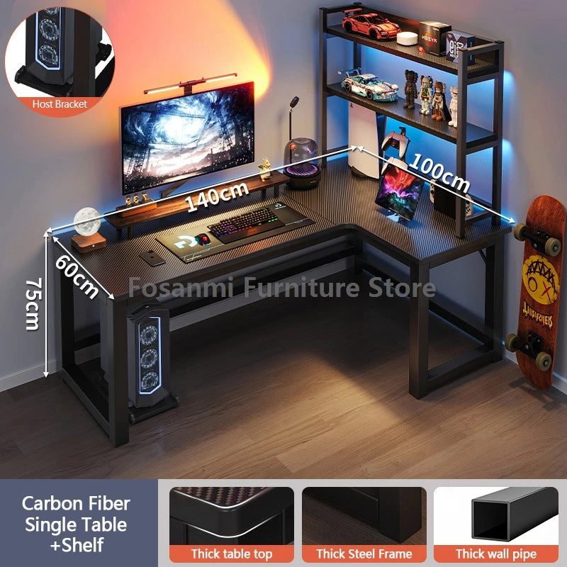 L-shaped gaming desk with shelves, monitor, and gaming setup, perfect for home office and gaming performance.