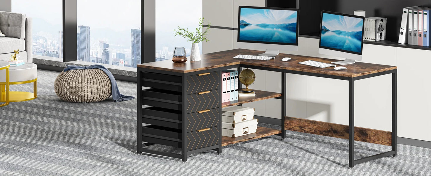 Tribesigns Bureau Gamer en L avec Tiroirs et Étagères – Grand Bureau d’Angle Réversible 150 cm pour Bureau à Domicile, Informatique et Gaming