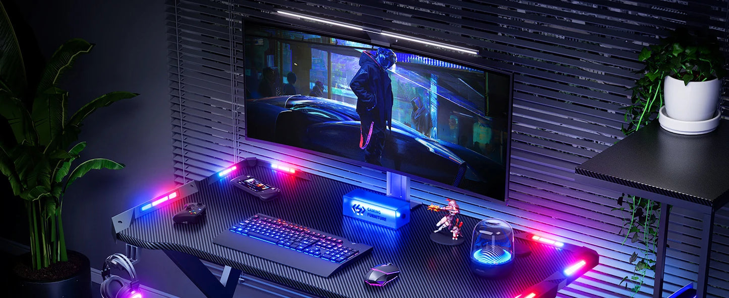 HLONONE LED Gaming Desk 100 x 60 cm, Ergonomic Gamer Desk with Cup Holder and Headphone Hook, Computer Desks