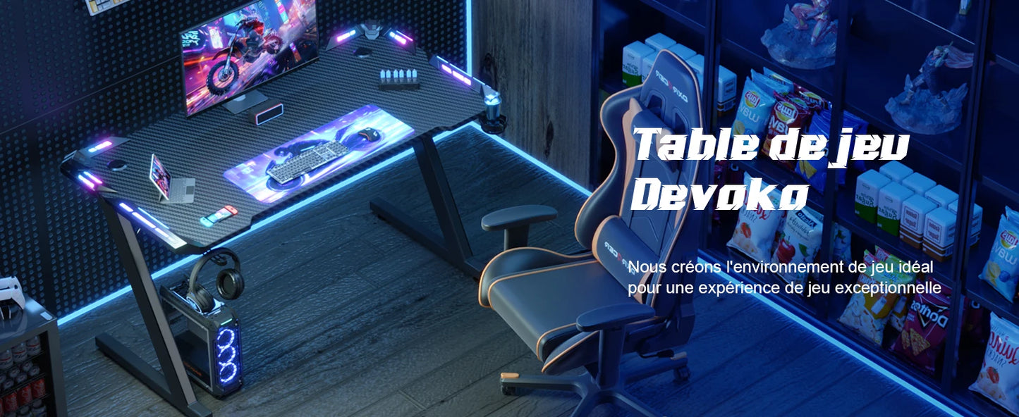 Devoko LED Gaming Desk 120×60cm, Gamer Desk with RGB Light, Cup Holder and Headphone Hook, Ergon Computer Table