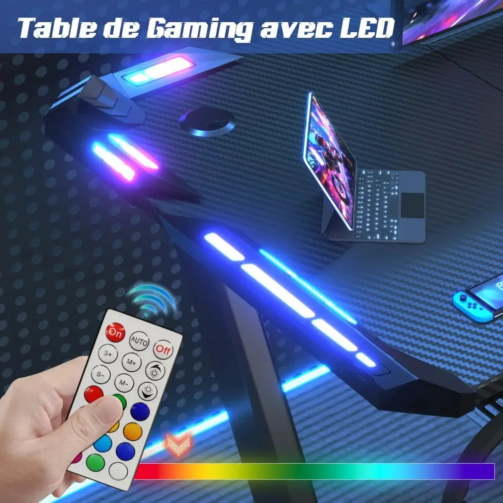 Devoko LED Gaming Desk 120×60cm, Gamer Desk with RGB Light, Cup Holder and Headphone Hook, Ergon Computer Table