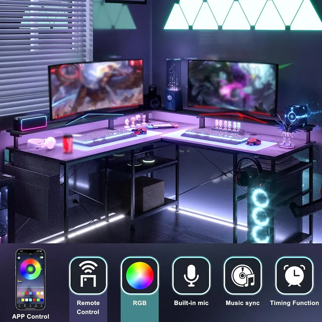 L Shape Gaming table with RGB Lighting and Monitor Stand, L-shaped Computer table with sockets and USB, 140*140*85