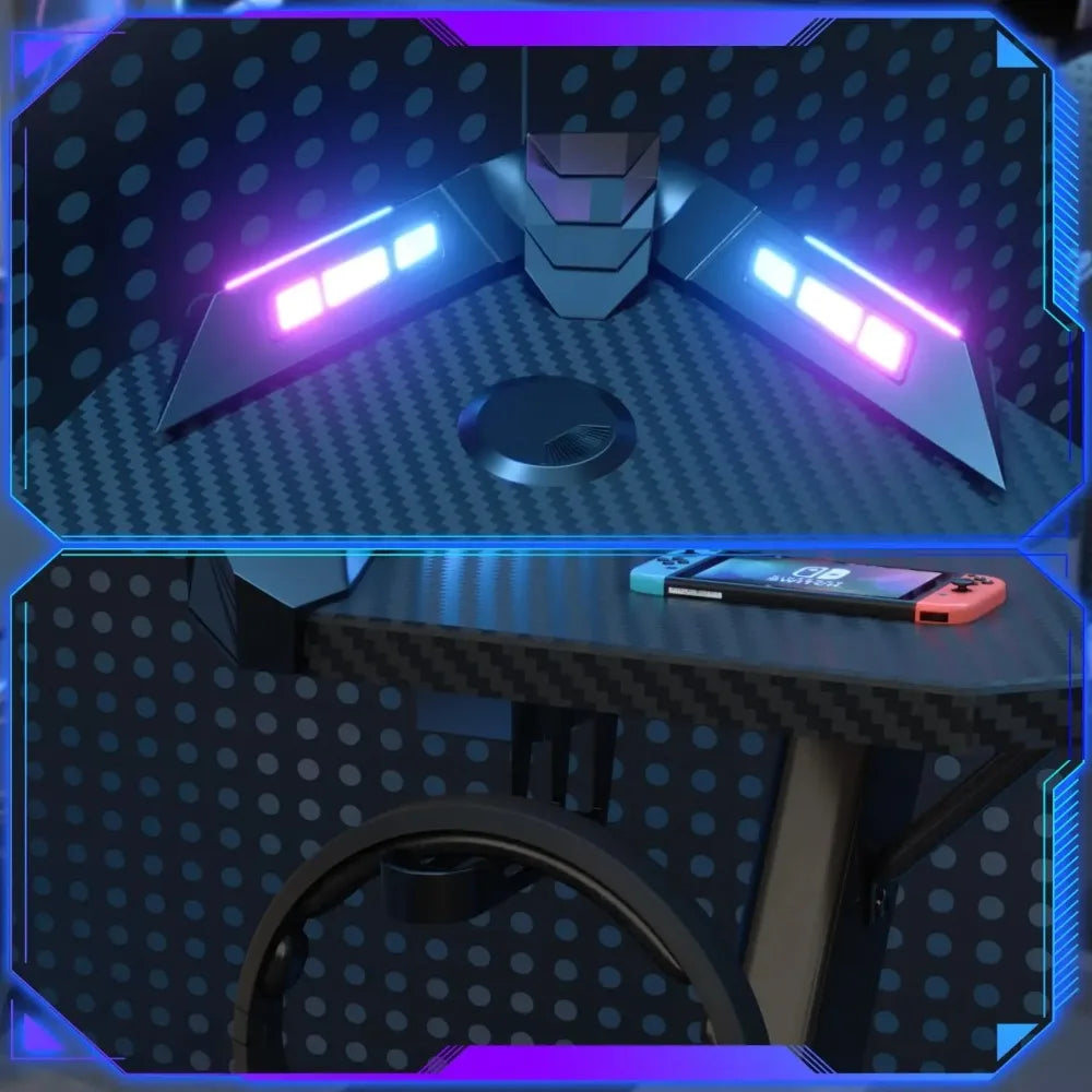 Devoko LED Gaming Desk 120×60cm, Gamer Desk with RGB Light, Cup Holder and Headphone Hook, Ergon Computer Table