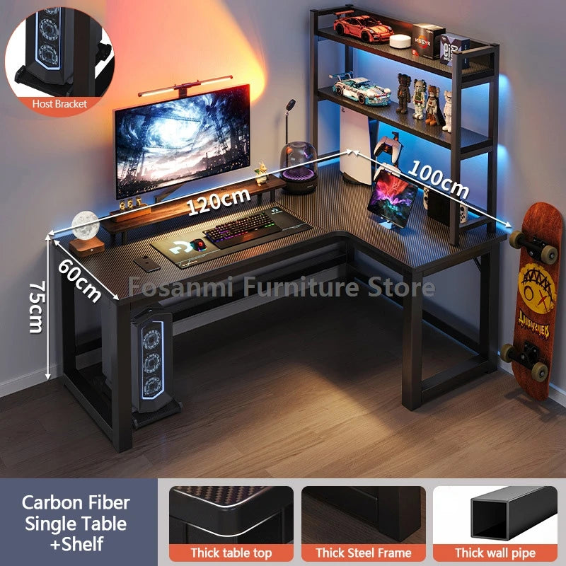 L-shaped gaming desk with shelves, monitor, and gaming setup, perfect for home office and gaming performance.