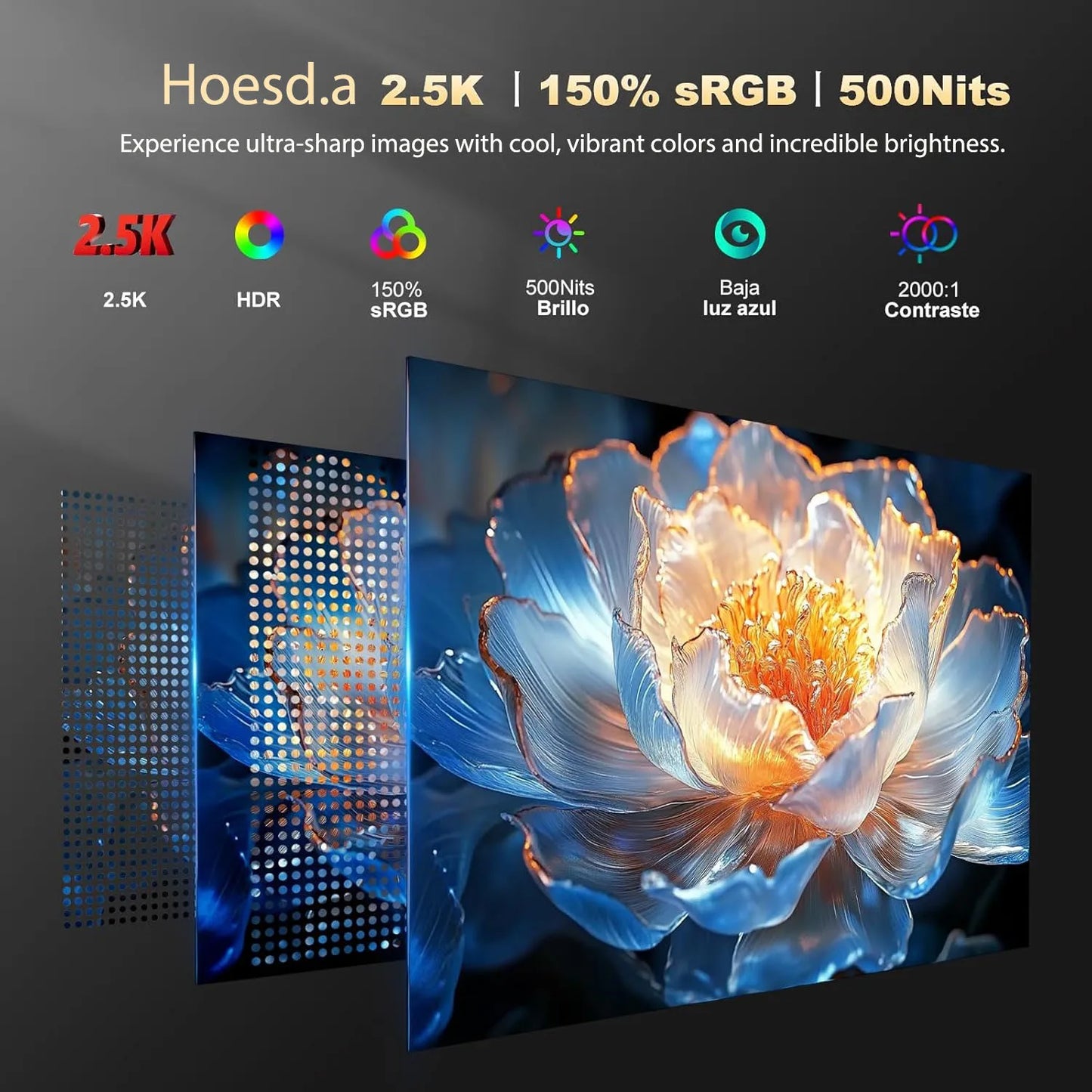 Hoesd.a 15.6" 2.5K Portable Monitor 2560 x 1440 IPS 500Nits 150%sRGB Gaming Monitor Display for Laptop Phone Xbox PS4/5 PC