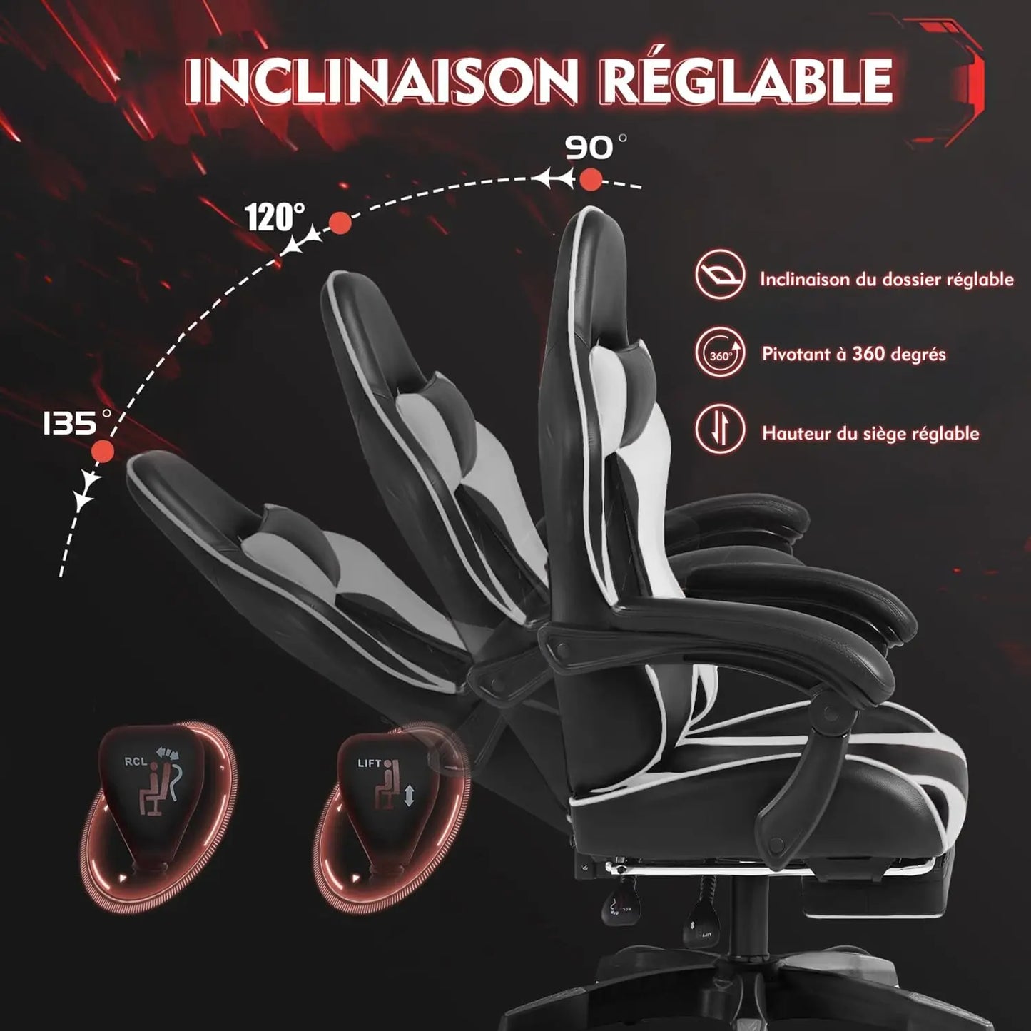 Frixovel Gaming Chair, Adjustable Office Chair, Gaming Chair with Telescopic Footrest (Black and White)
