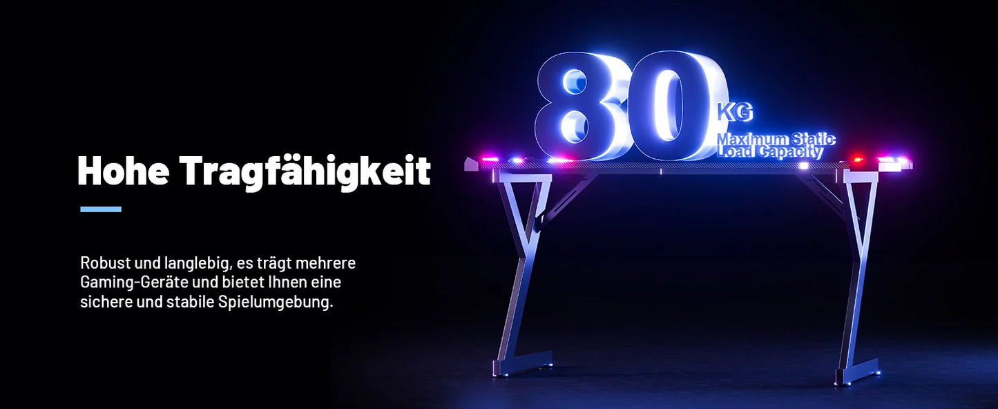 HLONONE LED Gaming Desk 100 x 60 cm, Ergonomic Gamer Desk with Cup Holder and Headphone Hook, Computer Desks