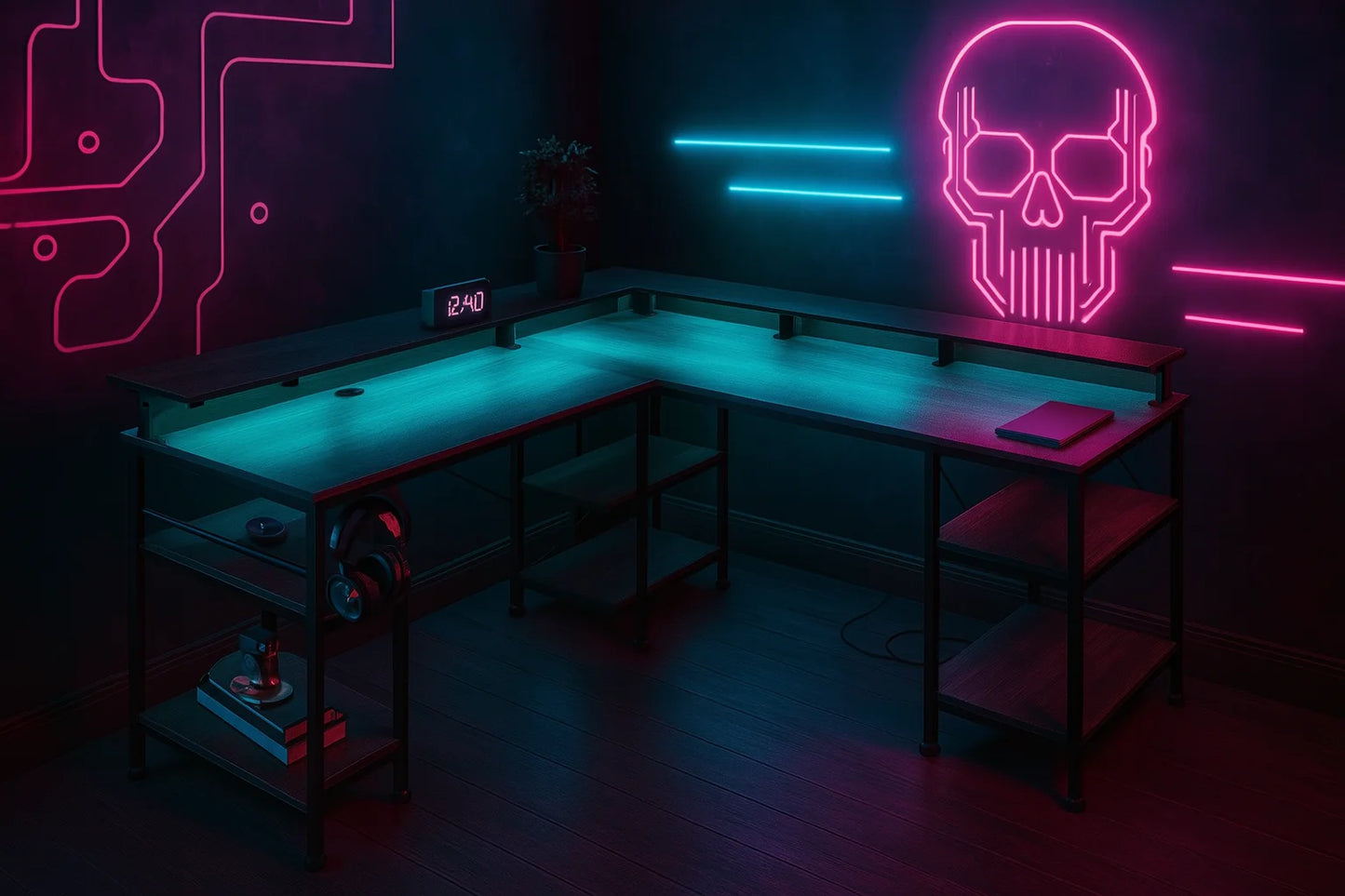 L Shape Gaming table with RGB Lighting and Monitor Stand, L-shaped Computer table with sockets and USB, 140*140*85