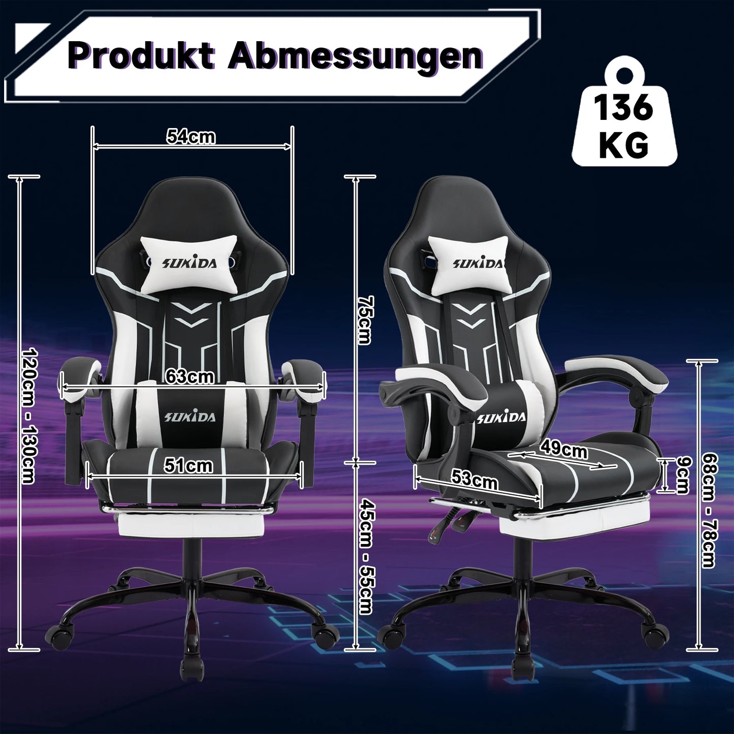 Comfortable black-white gaming flesh with footrest & back support, ergonomic design for home office & long sessions