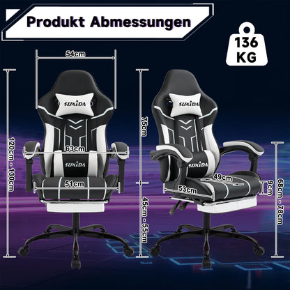 Comfortable black-white gaming flesh with footrest & back support, ergonomic design for home office & long sessions