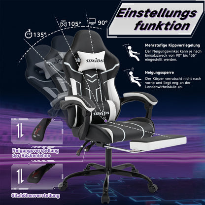 Comfortable black-white gaming flesh with footrest & back support, ergonomic design for home office & long sessions