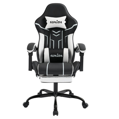 Comfortable black-white gaming flesh with footrest & back support, ergonomic design for home office & long sessions