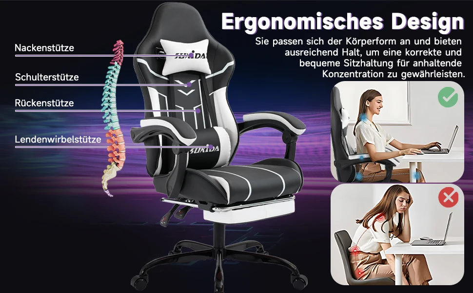 Comfortable black-white gaming flesh with footrest & back support, ergonomic design for home office & long sessions