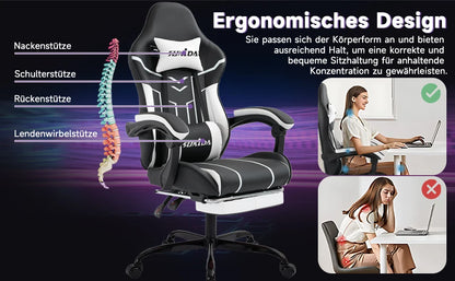 Comfortable black-white gaming flesh with footrest & back support, ergonomic design for home office & long sessions